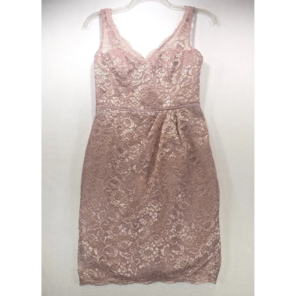 Davids Bridal Mauve Pink Metallic Floral Lace Cocktail Sheath Dress Womens 8